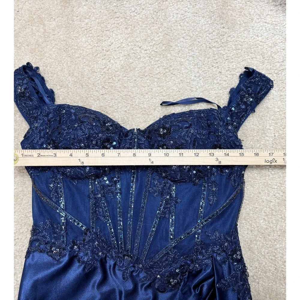 Stacey's Navy Satin Blue Beaded Off The Shoulder Prom Dress W/ Dramatic Slit Med